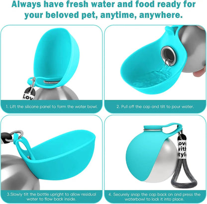 Portable Stainless Steel Dog Water Bottle with Foldable Drinking Bowl