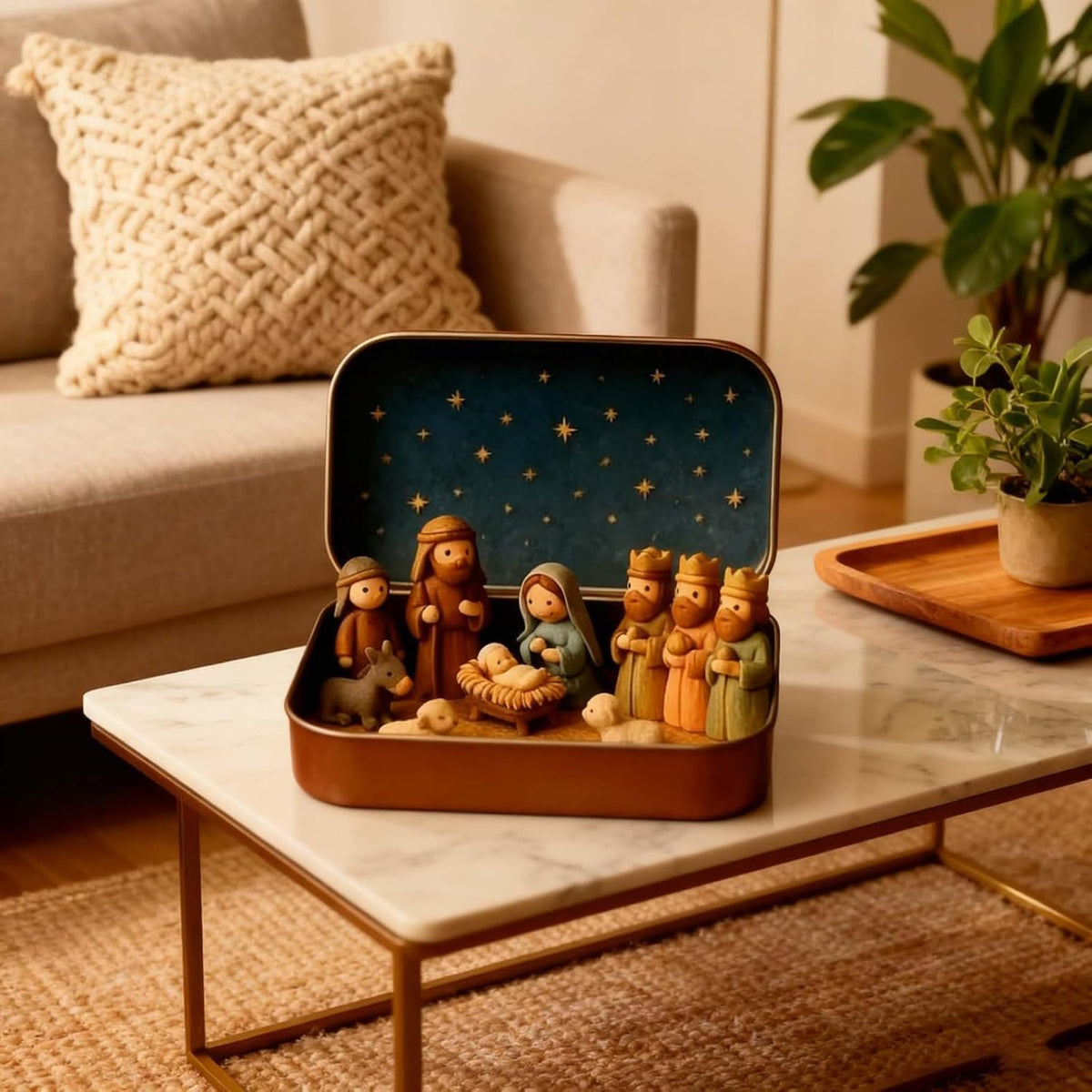 Mini Nativity Scene in Gold Tin Pocket Christmas Decoration Set
