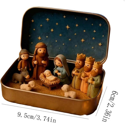 Mini Nativity Scene in Gold Tin Pocket Christmas Decoration Set
