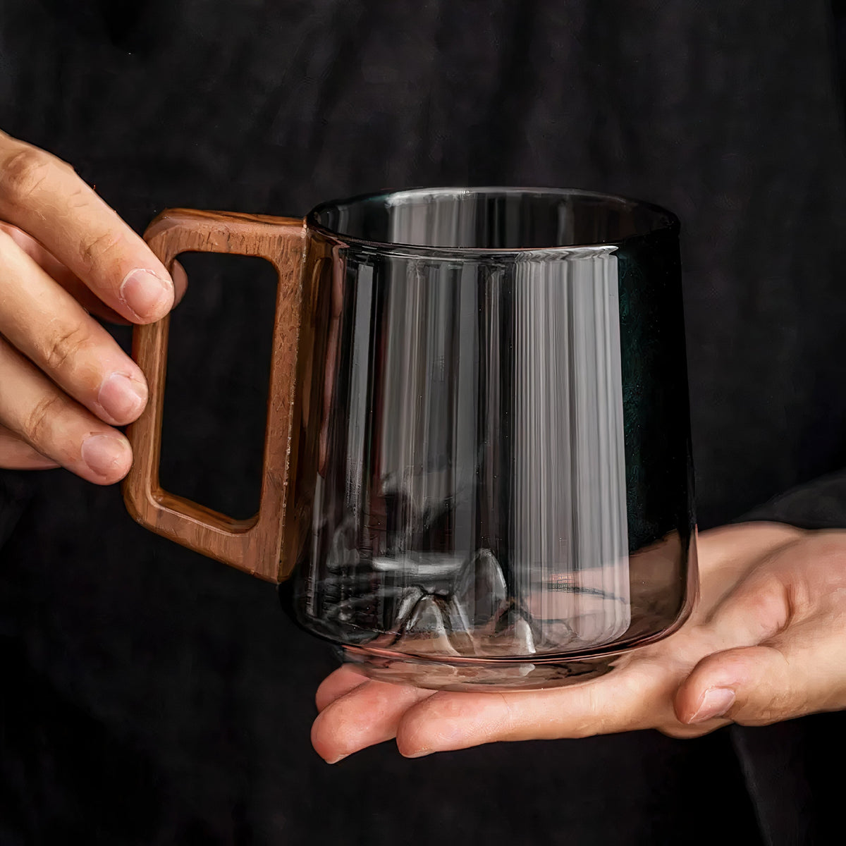 Smokey Gray Glass Slanted Coffee Cups With Wooden Handle