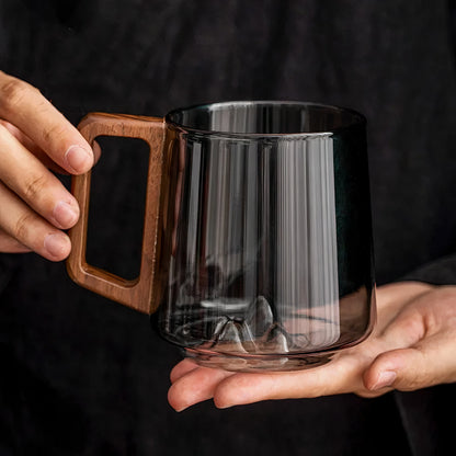 Smokey Gray Glass Slanted Coffee Cups With Wooden Handle