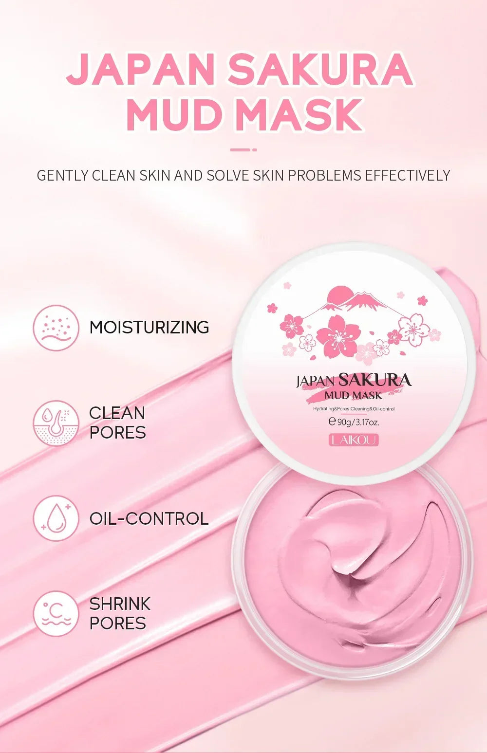 Laikou Sakura Mud Mask Deep Cleansing Oil Control Balance Antioxidan Shrink Pores Remove Blackheads Refreshing Facial Mask90/25g