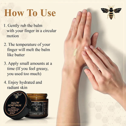 Organic Grass-Fed Beef Tallow Balm with Raw Honey - Moisturizing Cream for Soft, Smooth Skin - Handmade All-Natural Moisturizer