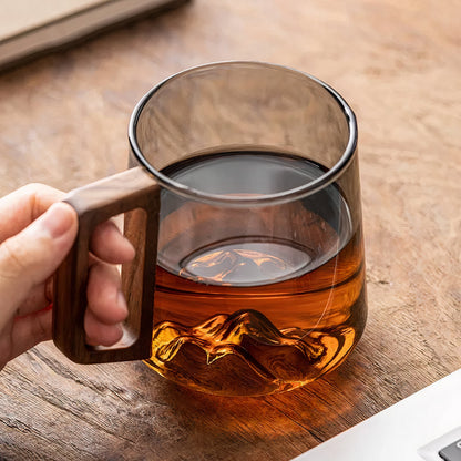 Smokey Gray Glass Slanted Coffee Cups With Wooden Handle