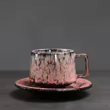 Traditional Arabic Coffee Cup and Dish Set Middle Eastern Style Kiln Transformed Coarse Ceramic Retro Handmade Mug