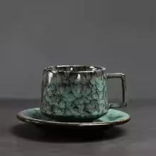 Traditional Arabic Coffee Cup and Dish Set Middle Eastern Style Kiln Transformed Coarse Ceramic Retro Handmade Mug