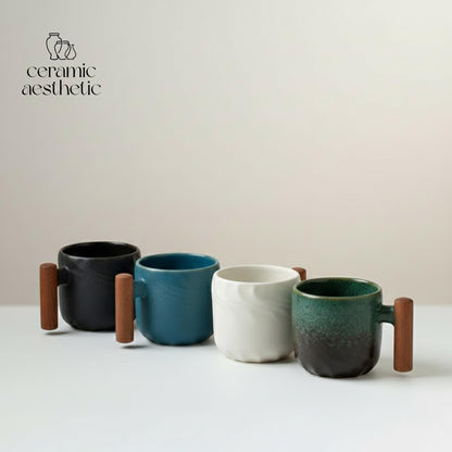 Ceramic Retro Coffee Cup with Wooden Handle - Handmade Tea Mug Office