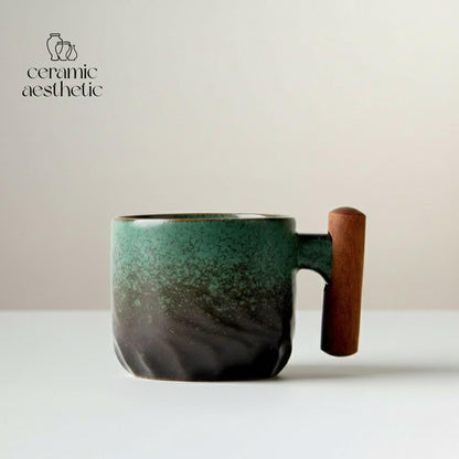 Ceramic Retro Coffee Cup with Wooden Handle - Handmade Tea Mug Office