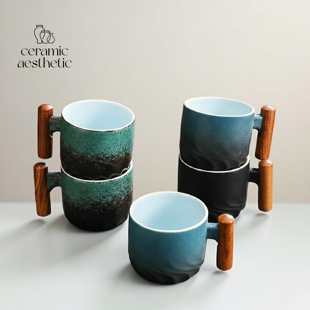 Ceramic Retro Coffee Cup with Wooden Handle - Handmade Tea Mug Office