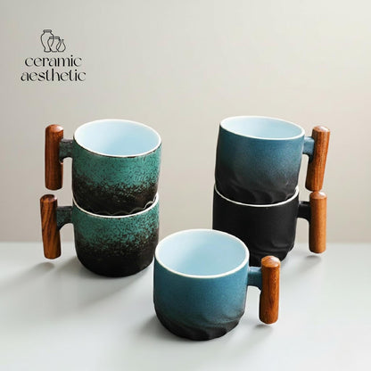 Ceramic Retro Coffee Cup with Wooden Handle - Handmade Tea Mug Office