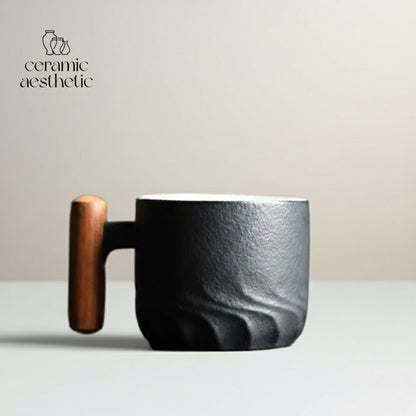 Ceramic Retro Coffee Cup with Wooden Handle - Handmade Tea Mug Office