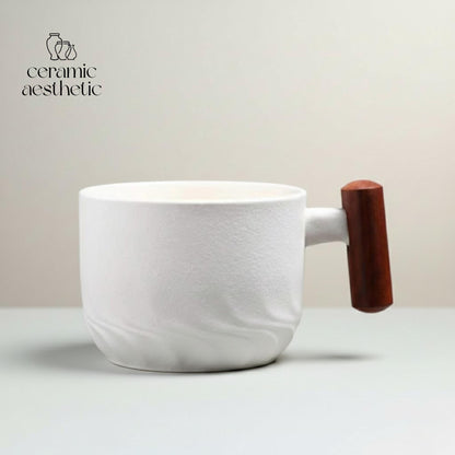 Ceramic Retro Coffee Cup with Wooden Handle - Handmade Tea Mug Office