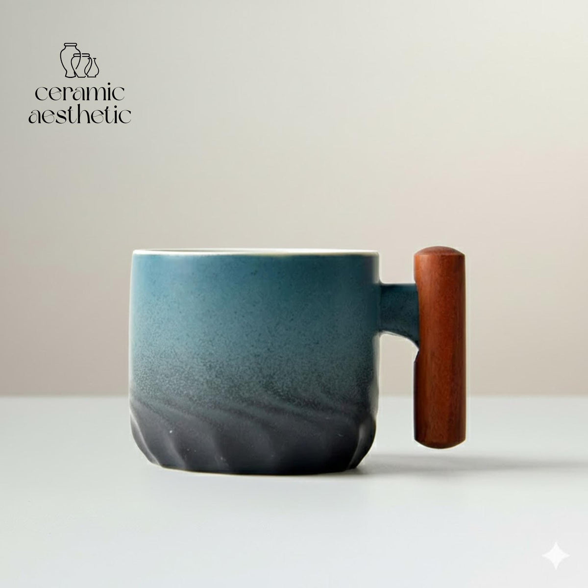 Ceramic Retro Coffee Cup with Wooden Handle - Handmade Tea Mug Office