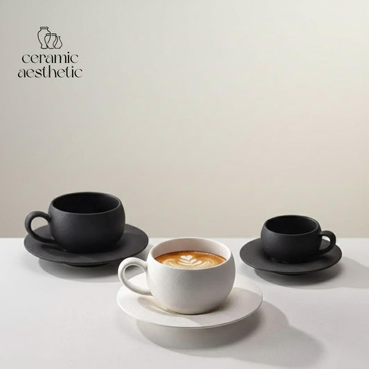 Japanese Style Ceramic Mug, Black White Fired Stone Coffee Cup, Saucer Minimalist Set