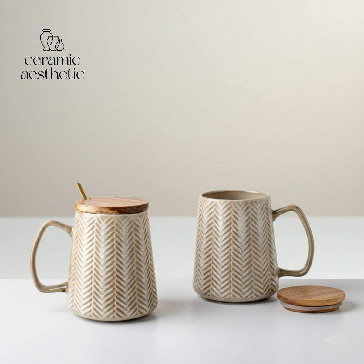 Ceramic Mug with Spoon - Retro Coffee Cup for Tea - Latte & Cereal, Minimalist Drinkware Gift