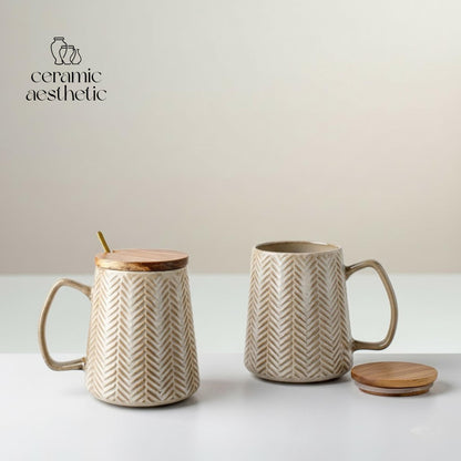 Ceramic Mug with Spoon - Retro Coffee Cup for Tea - Latte & Cereal, Minimalist Drinkware Gift