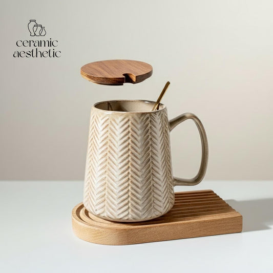 Ceramic Mug with Spoon - Retro Coffee Cup for Tea - Latte & Cereal, Minimalist Drinkware Gift