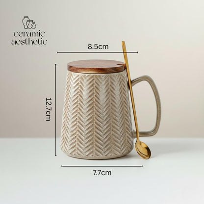 Ceramic Mug with Spoon - Retro Coffee Cup for Tea - Latte & Cereal, Minimalist Drinkware Gift