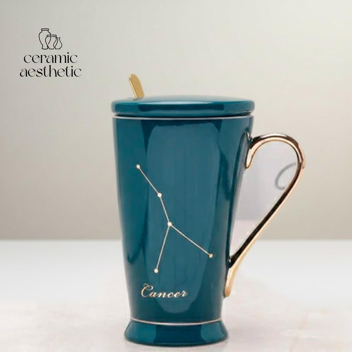Zodiac Ceramic Mug with Lid | Marble Constellation Coffee Cup | Astrology Latte Mug