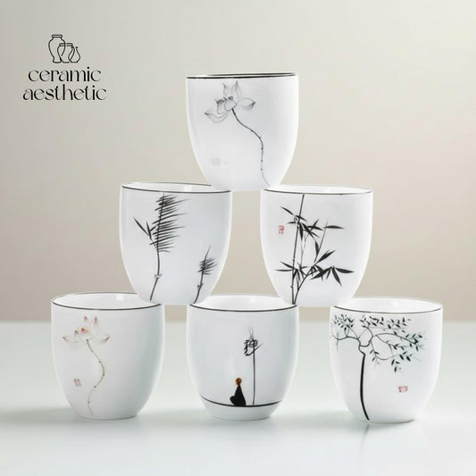 Hand-Drawn Porcelain Tea Cup | Zen Ink Tree Design