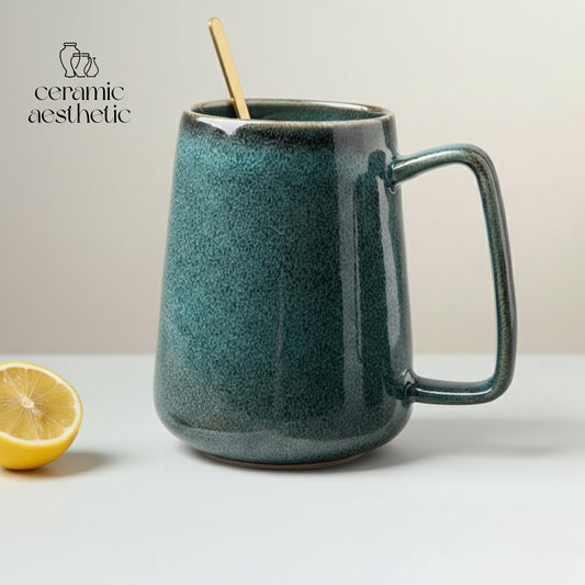 Retro Porcelain Coffee Mug with Spoon – Minimalist Ceramic Tea Cup