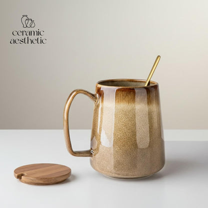 Ceramic Mug with Spoon - Retro Coffee Cup for Tea - Latte & Cereal, Minimalist Drinkware Gift