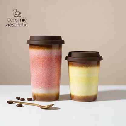 Handmade Ceramic Travel Mug with Silicone Lid, Rustic Latte Cup