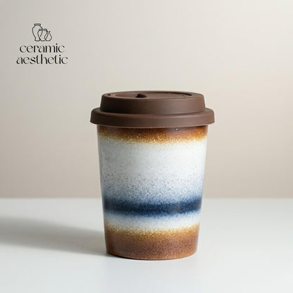 Handmade Ceramic Travel Mug with Silicone Lid, Rustic Latte Cup