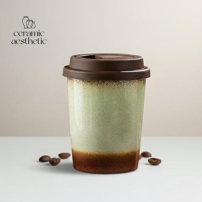 Handmade Ceramic Travel Mug with Silicone Lid, Rustic Latte Cup