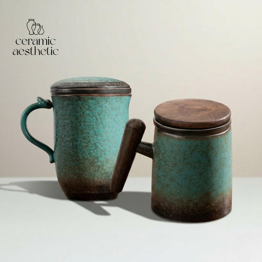Retro Ceramic Mug with Filter: Japanese Matcha Latte Stoneware Tea Cup