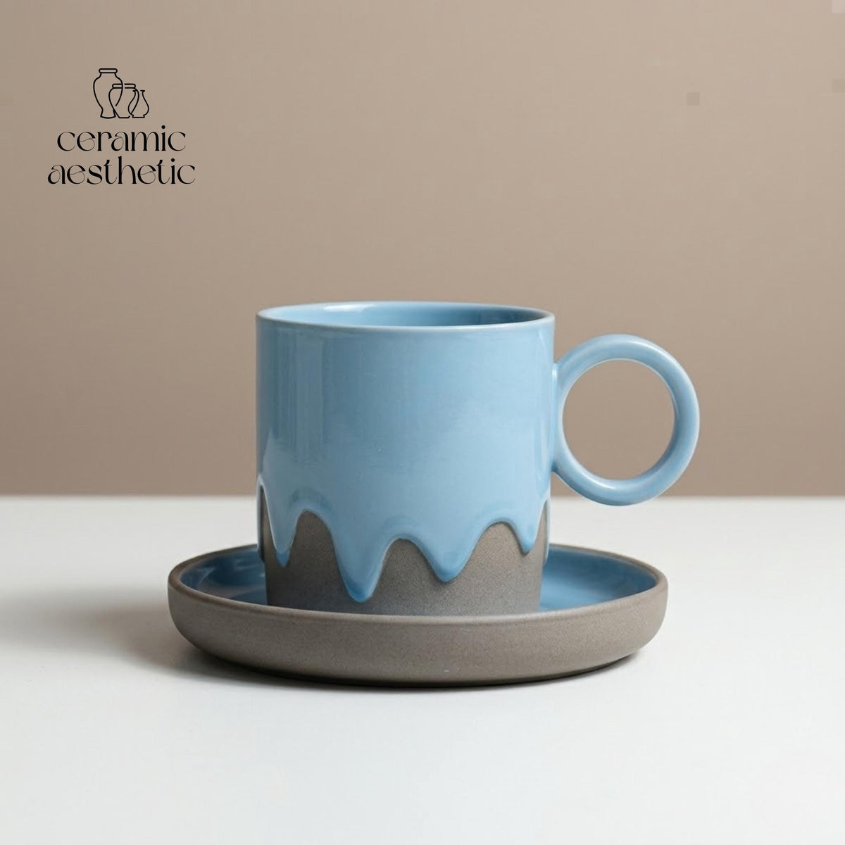 Retro Ceramic Coffee Cup Plate Set Handmade Pottery Mug Rustic Latte Cappuccino Japanese Stoneware