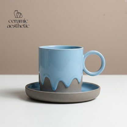 Retro Ceramic Coffee Cup Plate Set Handmade Pottery Mug Rustic Latte Cappuccino Japanese Stoneware