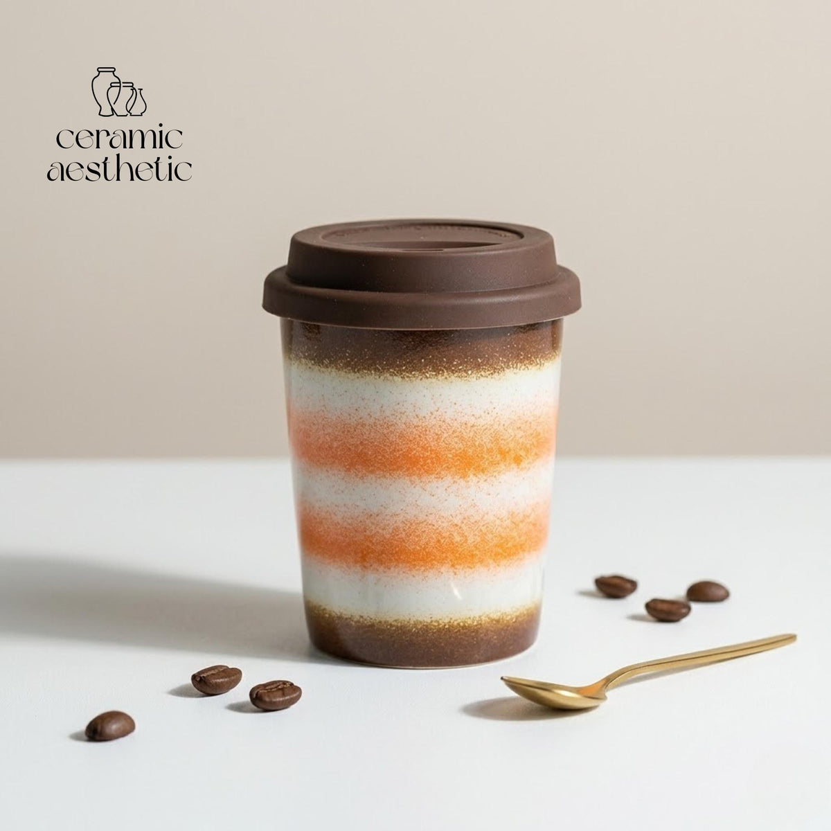 Handmade Ceramic Travel Mug with Silicone Lid, Rustic Latte Cup
