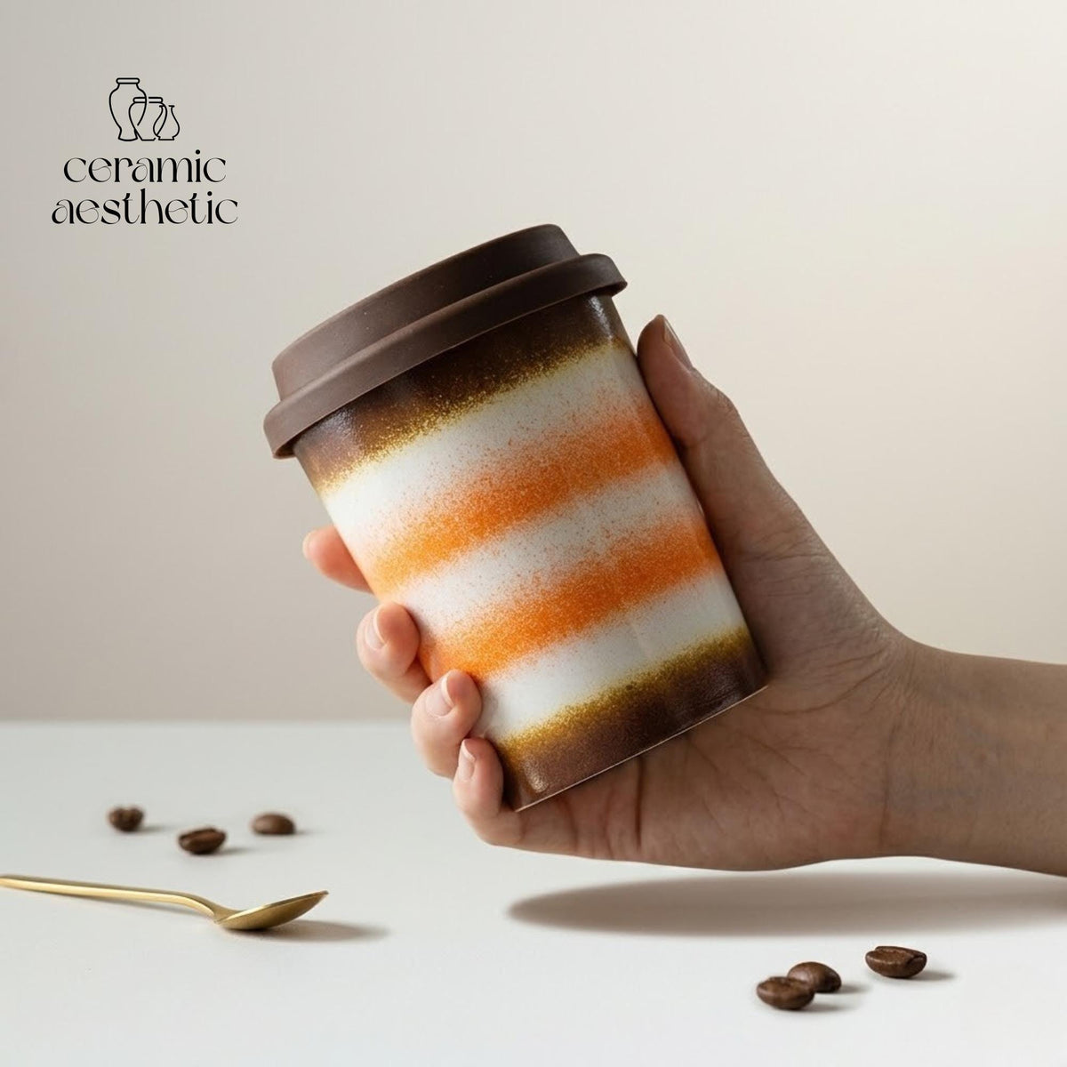 Handmade Ceramic Travel Mug with Silicone Lid, Rustic Latte Cup
