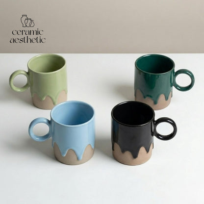 Retro Ceramic Coffee Cup Plate Set Handmade Pottery Mug Rustic Latte Cappuccino Japanese Stoneware