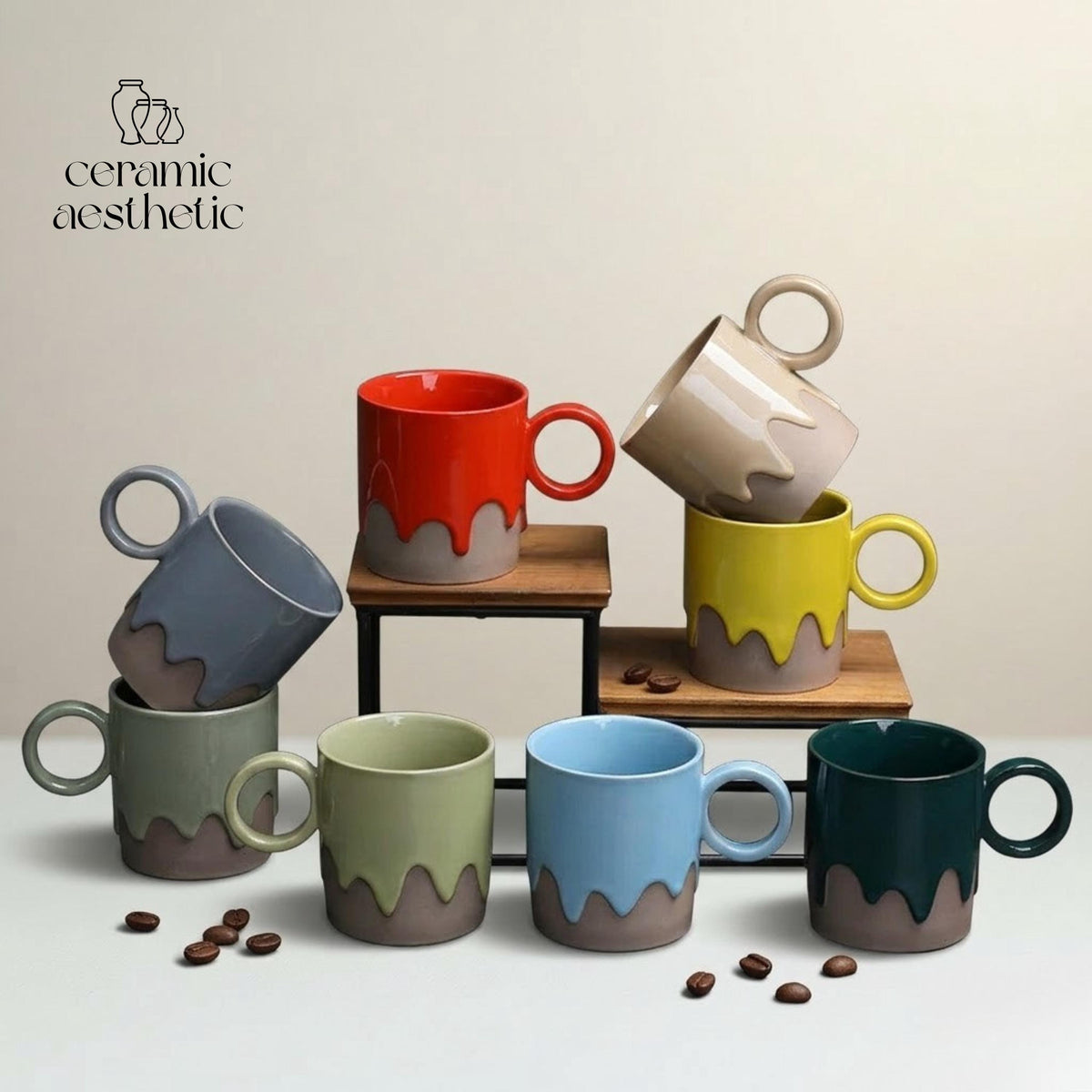 Retro Ceramic Coffee Cup Plate Set Handmade Pottery Mug Rustic Latte Cappuccino Japanese Stoneware