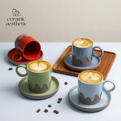Retro Ceramic Coffee Cup Plate Set Handmade Pottery Mug Rustic Latte Cappuccino Japanese Stoneware