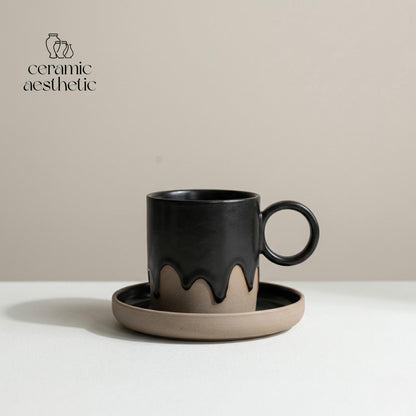 Retro Ceramic Coffee Cup Plate Set Handmade Pottery Mug Rustic Latte Cappuccino Japanese Stoneware