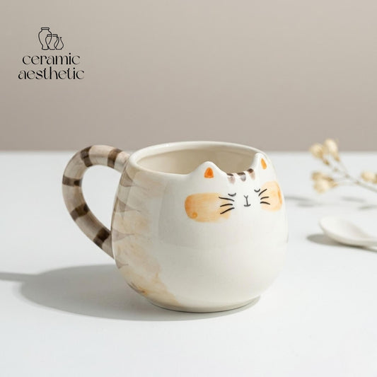 Ceramic Cat Mug, Hand-Painted Animal Coffee Cup, Kawaii Drinkware