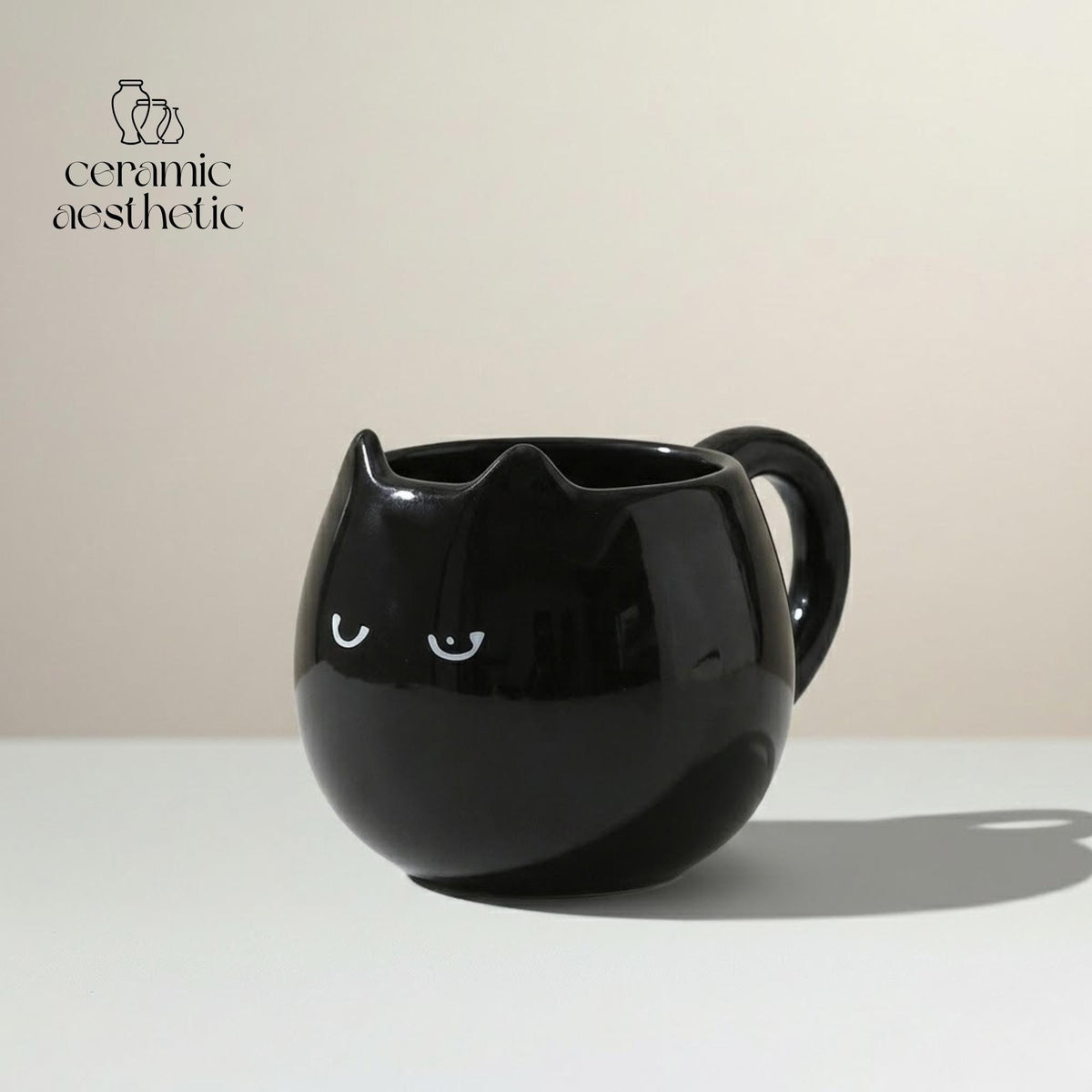 Hand-Painted Cat Shaped Ceramic Mug, Kawaii Coffee Cup, Cat Lover Gift