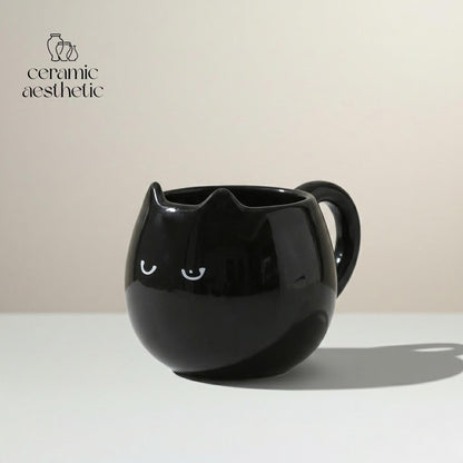 Hand-Painted Cat Shaped Ceramic Mug, Kawaii Coffee Cup, Cat Lover Gift
