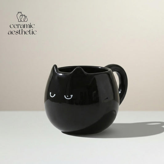 Hand-Painted Cat Shaped Ceramic Mug, Kawaii Coffee Cup, Cat Lover Gift