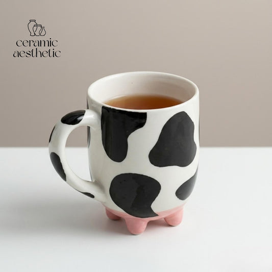 Handmade Cow Print Ceramic Mug, Rustic Latte Cup, Animal Drinkware