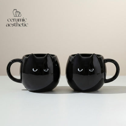 Hand-Painted Cat Shaped Ceramic Mug, Kawaii Coffee Cup, Cat Lover Gift