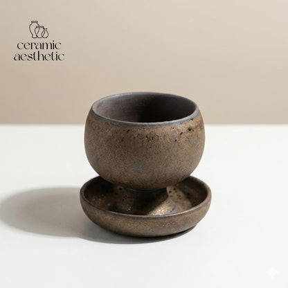 Creative Ceramic Round Coffee Cup With Saucer, Retro Rustic Stoneware Wabi Sabi Cappuccino Mug