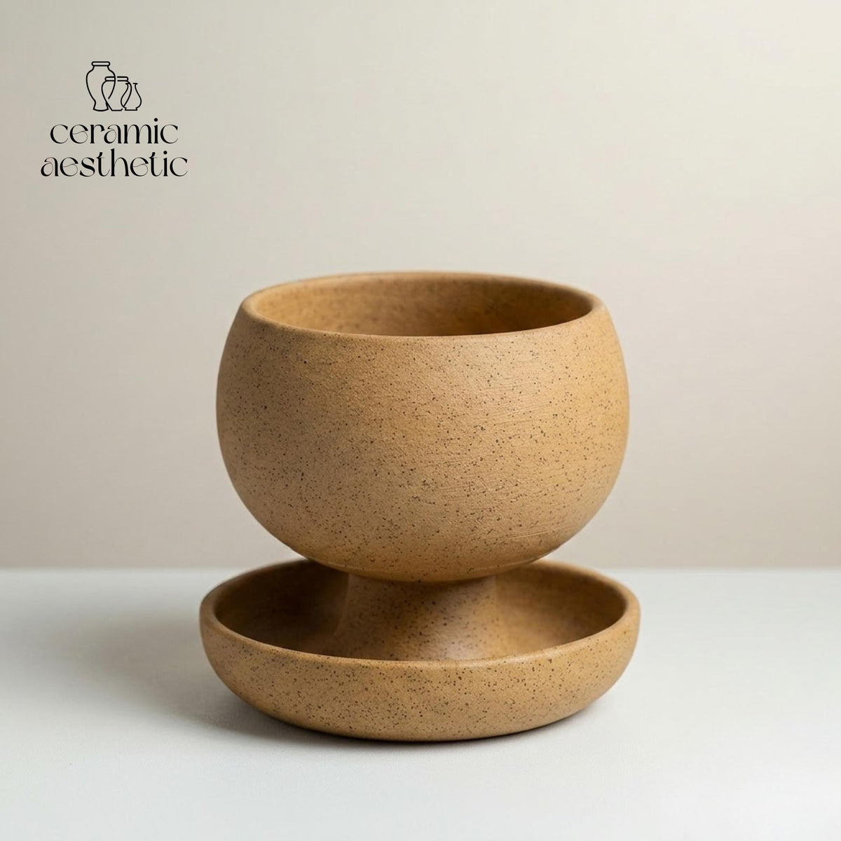 Creative Ceramic Round Coffee Cup With Saucer, Retro Rustic Stoneware Wabi Sabi Cappuccino Mug