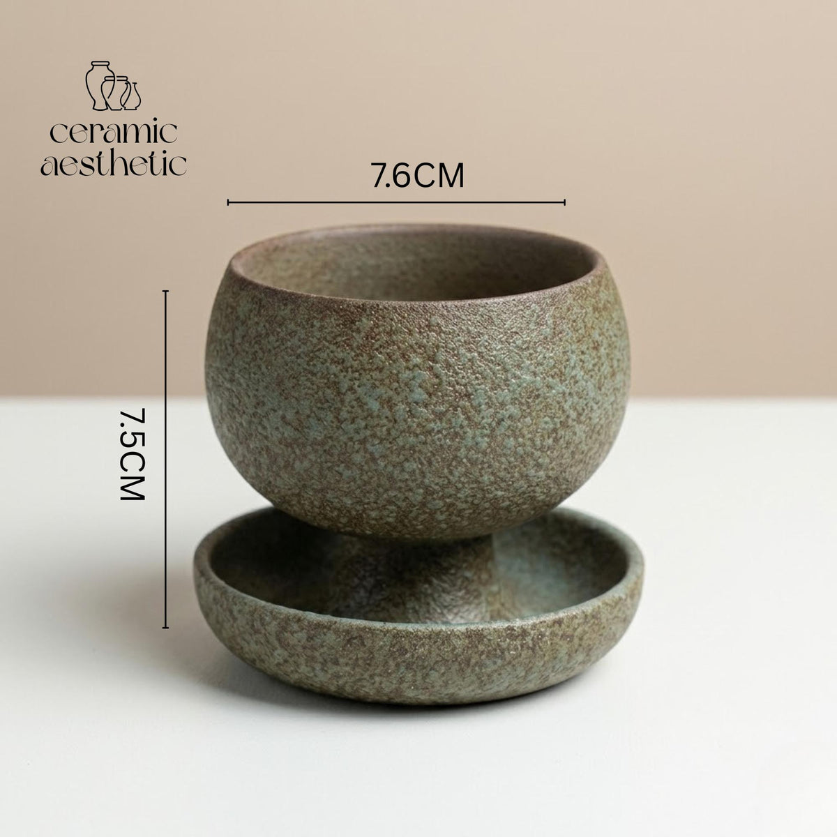 Creative Ceramic Round Coffee Cup With Saucer, Retro Rustic Stoneware Wabi Sabi Cappuccino Mug