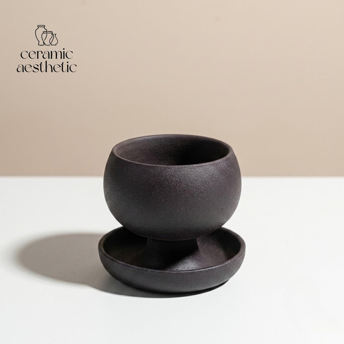 Creative Ceramic Round Coffee Cup With Saucer, Retro Rustic Stoneware Wabi Sabi Cappuccino Mug