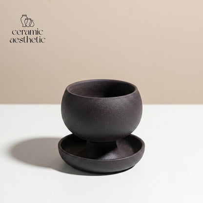 Creative Ceramic Round Coffee Cup With Saucer, Retro Rustic Stoneware Wabi Sabi Cappuccino Mug