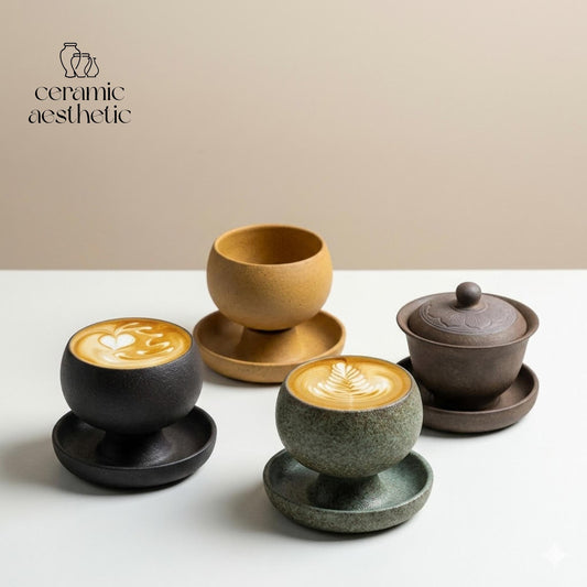 Creative Ceramic Round Coffee Cup With Saucer, Retro Rustic Stoneware Wabi Sabi Cappuccino Mug